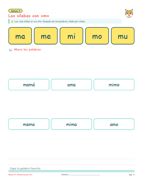 Tabla de sílabas directas con la letra m