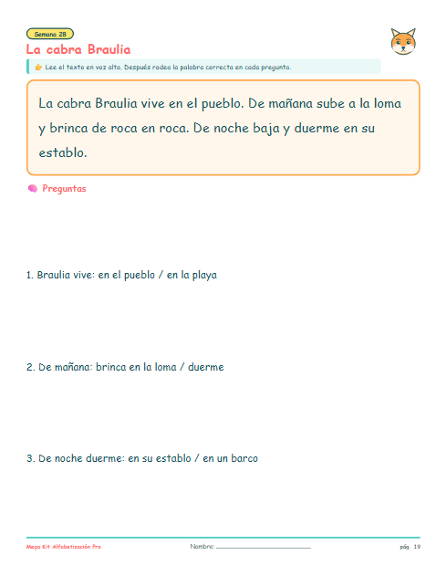Texto corto con sílabas trabadas y preguntas